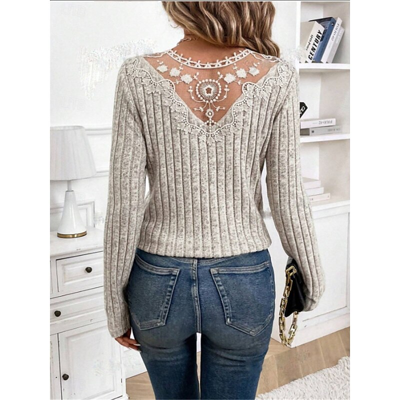 Women's Elegant Lace Tops Eyelet Blouse Fashion Modern Casual Plain Regular Tops Long Sleeve V Neck Regular Fit Daily Weekend Romantic Petite Tops Summer Holiday Wear Black Light Grey Beige Fall