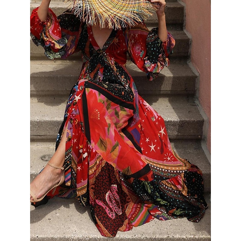 Women's Color Block V Neck Maxi Dress Long Sleeve Summer Spring3