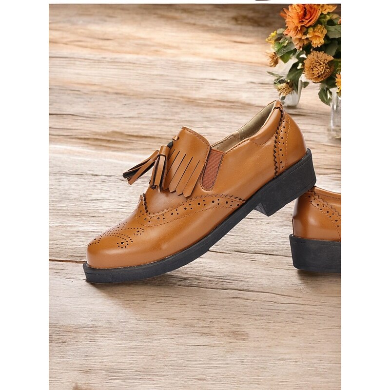 Women's Brown Loafers with Brogue Detailing, Fringe, and Tassel Accents – Classic Vintage-Inspired Footwear for Casual and Office Wear3