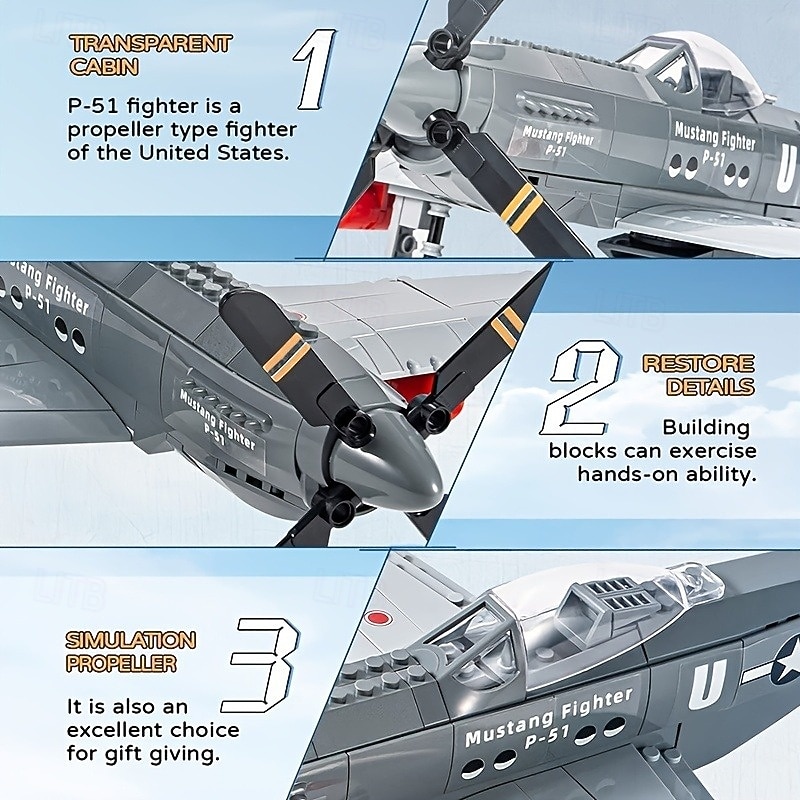 258pcs P-51 Mustang Military Fighter Building Blocks Army Educational Bricks For Children Birthday Toys Christmas Gifts2