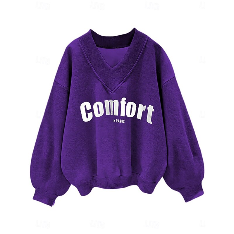 Women's Sweatshirt Casual Letter Street Dailywear V Neck Print Long Sleeve Black Purple Gray Fall Winter2
