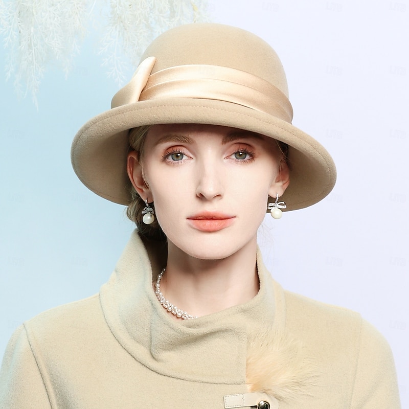 Hats 100% Wool Bowler / Cloche Hat Fedora Hat Wedding Tea Party Elegant Wedding With Bowknot Splicing Headpiece Headwear2