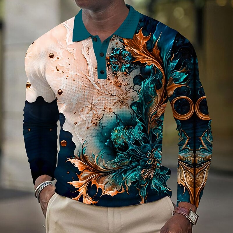 Kentucky Derby Men's Florals Waffle Polo Shirts Long Sleeve Polo Shirts Collared Shirts Casual Outdoor Party Evening Wear Streetwear Buttons White Blue Orange4