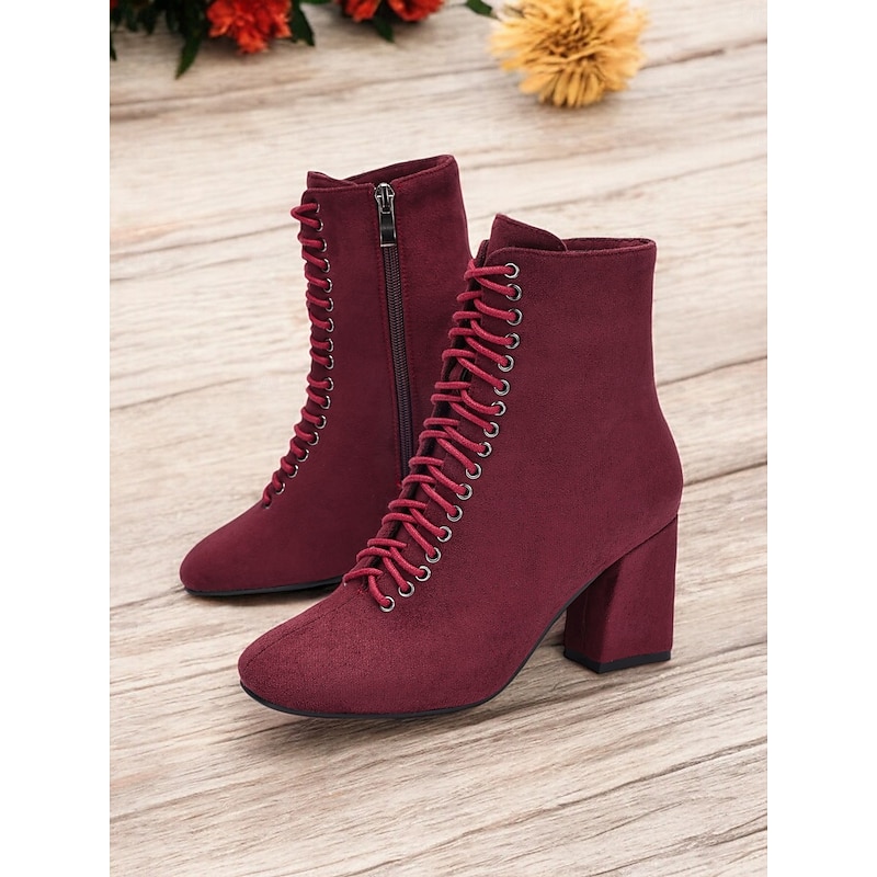 Women's Burgundy Lace-Up Ankle Boots with Block Heels – Chic and Versatile Footwear for Fall Outfits and Casual Wear