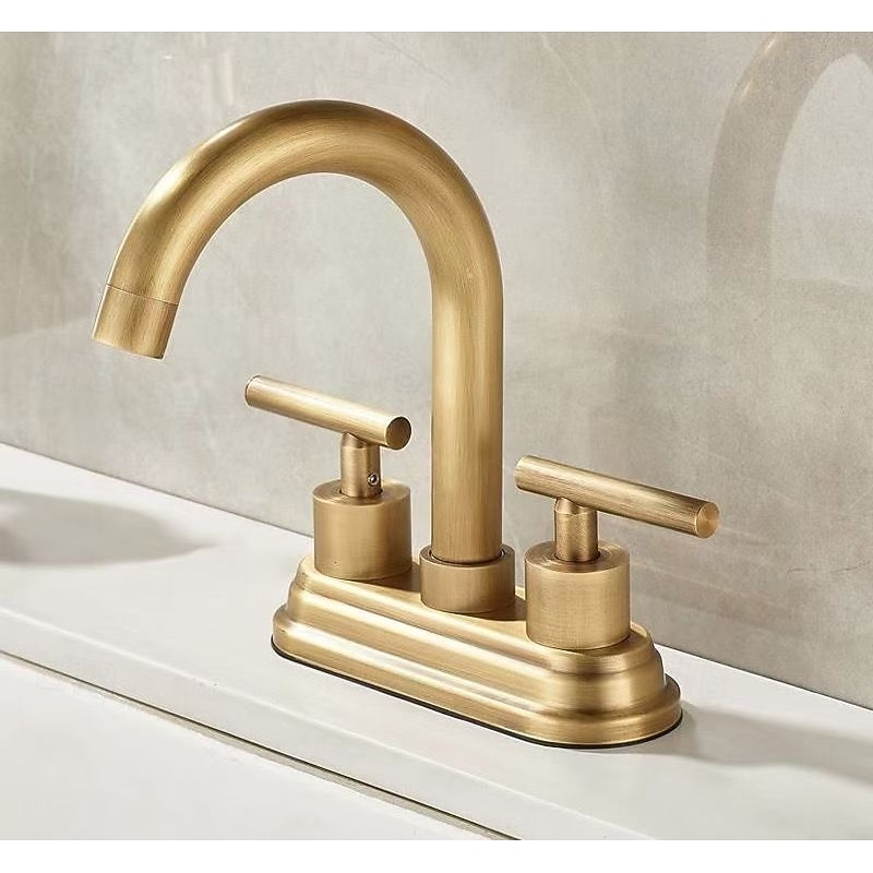 2 Holes Modern Hot and Cold Mixed Brushed Gold Deck Mount Centerset 4 inch Bathroom Vanity Double Lever Handles Retro tap4