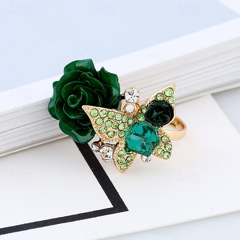 Women's Boho Chic Vintage-Inspired 3D Rose and Butterfly Cocktail Ring - Perfect for Parties and Everyday Wear3