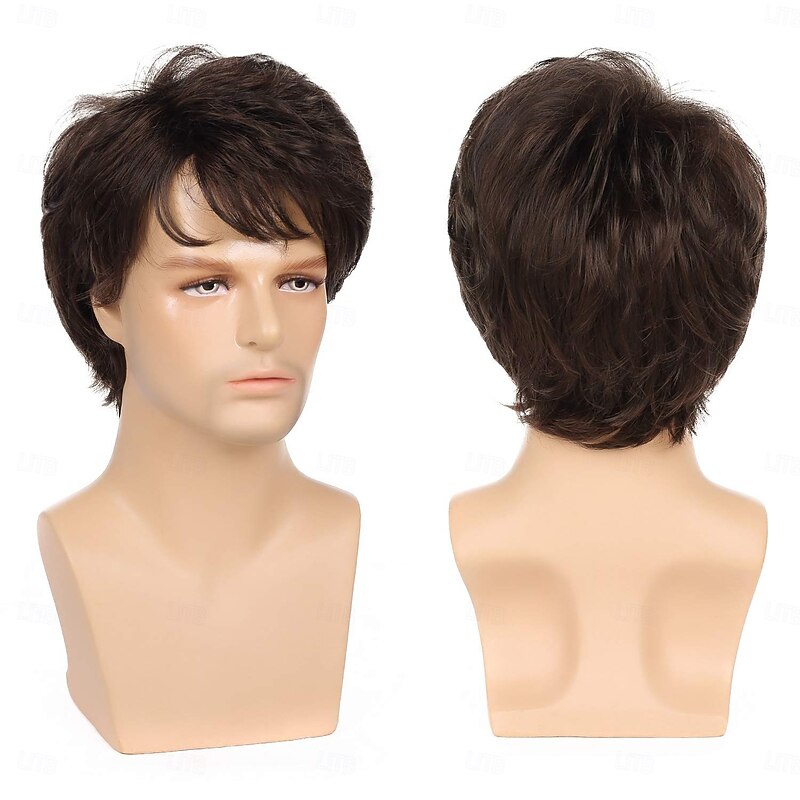 Mens Short Brown Wig Short Layered Wig Natural Fluffy Synthetic Cosplay Costume Wig for Men3