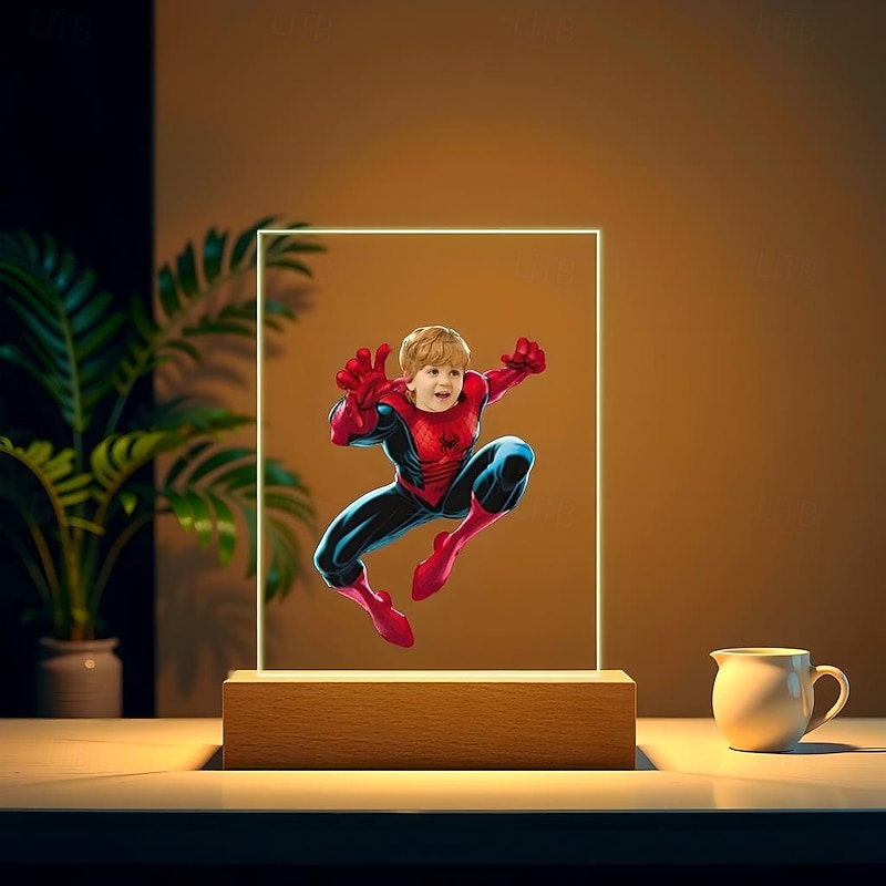 Personalized Photo USB Night Light Custom Spider Superhero Kid Face Acrylic Night Light Christmas Decoration Gifts for Superhero Fans2