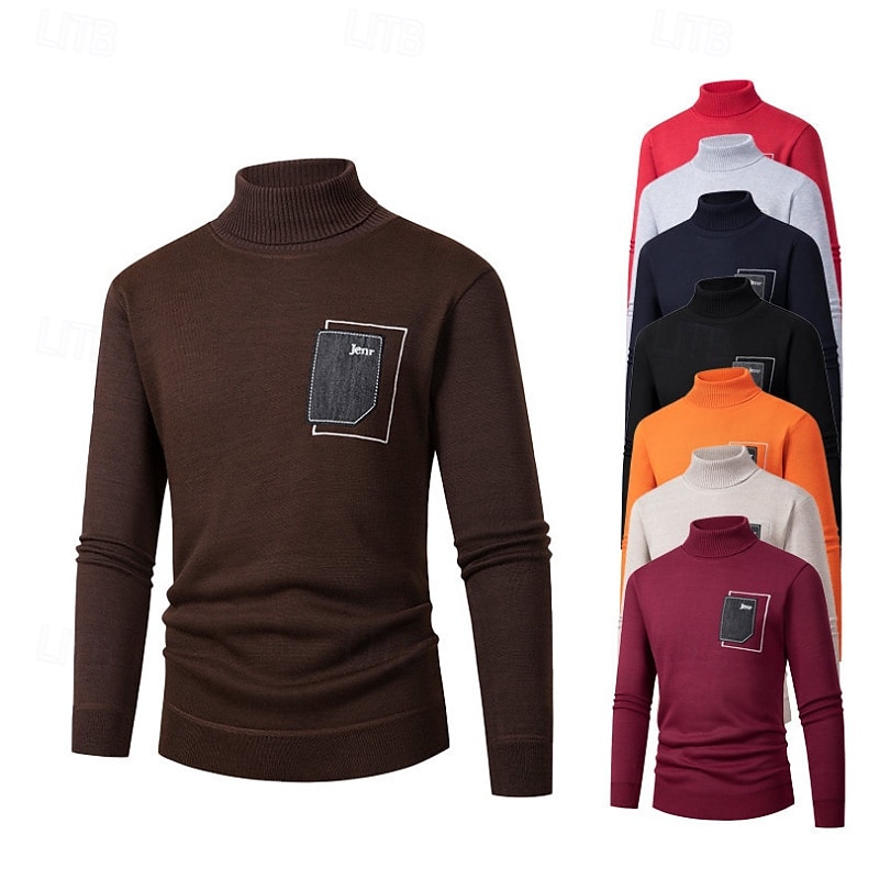 Men's Turtleneck Sweater Pullover Sweater Jumper Ribbed Knit Patchwork Pocket Solid Color Turtleneck Elegant Vintage Formal Work Clothing Apparel Bishop Sleeve Fall Winter Wine Black M L XL