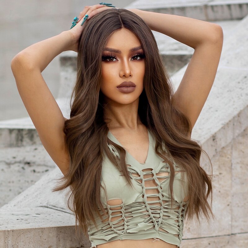 Synthetic Lace Wig Curly Style 26 inch Dark Brown Middle Part 13x5x1 Lace Front Wig Women's Wig Light Brown Lace3