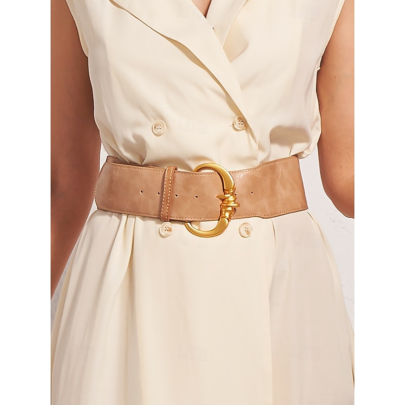 Women's Wide Faux Leather Belt with Gold Decorative Buckle - Elegant Waist Cincher
