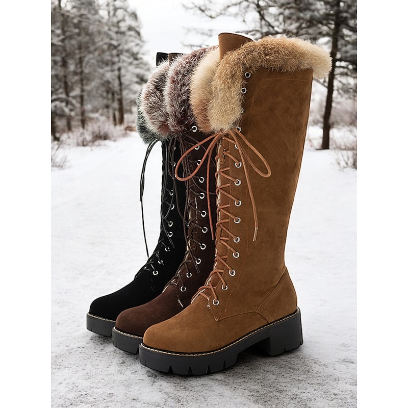 Women's Faux Suede Knee-High Lace-Up Boots with Faux Fur Cuffs – Stylish Winter Footwear with Chunky Sole