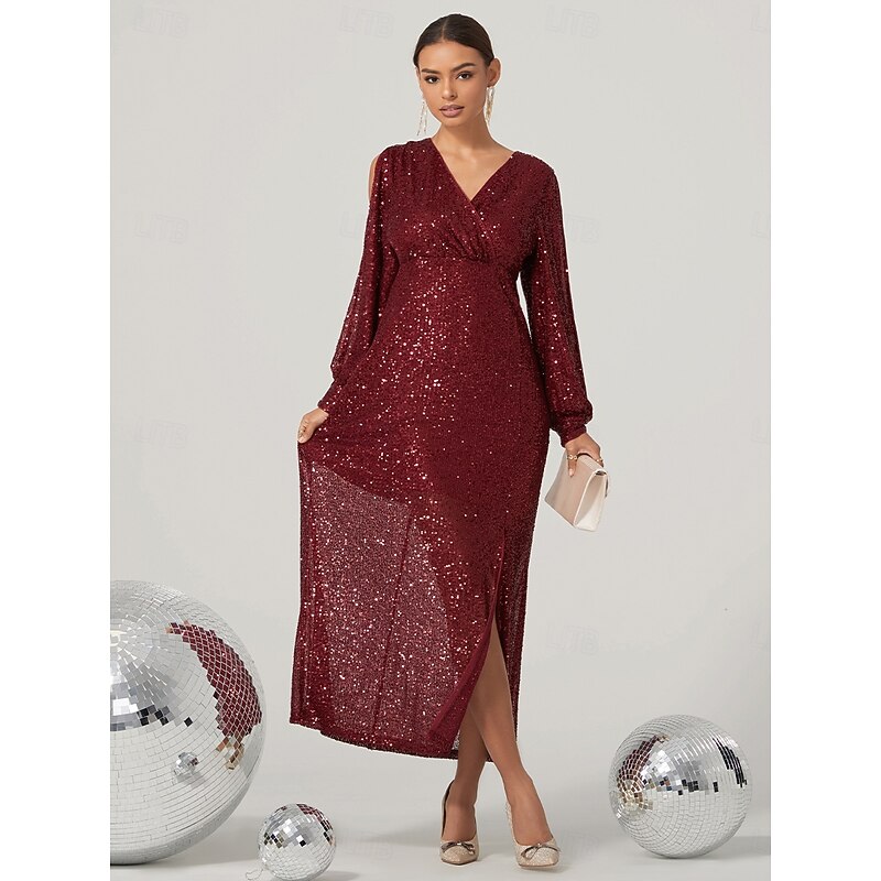 Women's Midi Dress Sequin Dress Vintage Dress Elegant Bishop Sleeve Cocktail Party Regular Fit Long Sleeve V Neck Red Fall Winter4