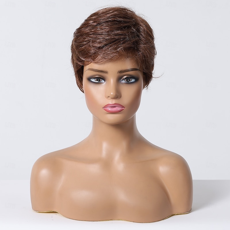 Human Hair Blend Wig Short Straight Natural Straight Bob Pixie Cut Side Part Layered Haircut Dark Brown Cosplay Curler & straightener Natural Hairline Capless Burmese Hair Women's All Dark Brown2