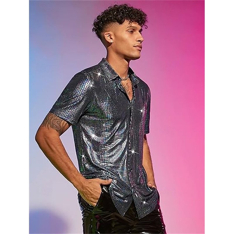 Retro Vintage 1970s 1980s Shirt Disco Shiny Metallic Fancy Dress Men's Carnival Costume Halloween Carnival Performance Party Club Adults' Shirt Spring & Summer
