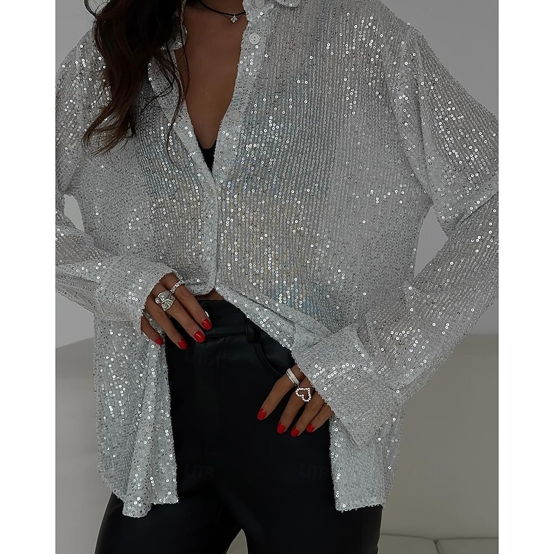 Women's Sequin Sparkly Party Glitter Sparkly Daily Stylish Long Sleeve Shirt Collar Regular Tops Daily Holiday Sequins Silver Black Pink Wine Red Spring Fall4