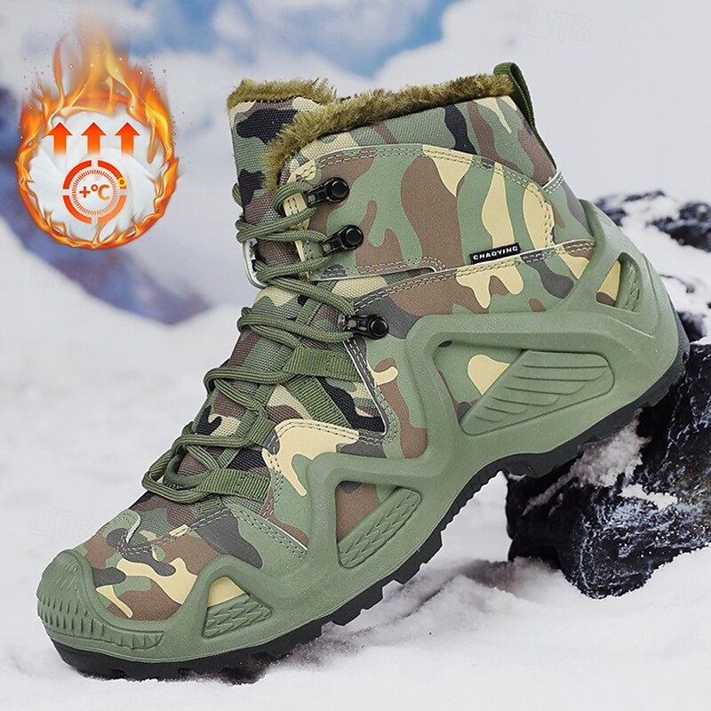 Men's Camouflage Winter Boots with Faux Fur Lining and Rugged Sole – Warm Outdoor Lace-Up Footwear for Cold Weather Hiking and Hunting