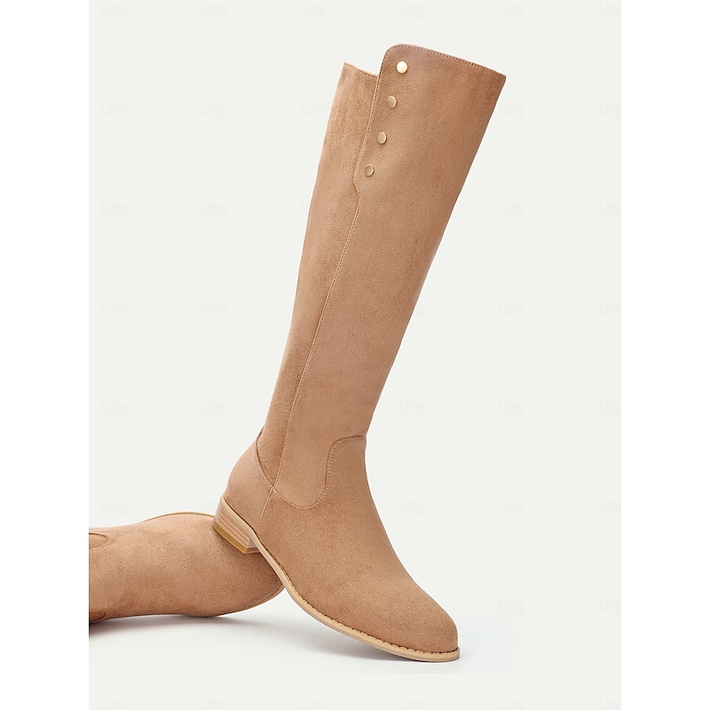 Women's Beige Suede Knee-High Boots with Button Detail - Stylish Footwear for Casual Outings and Autumn Fashion3