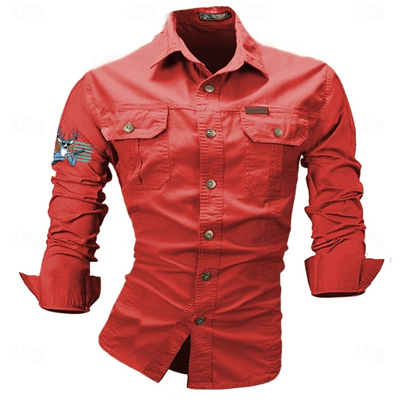 Men's American US Flag Deer Work Shirt Western Shirt Cargo Shirt Long Sleeve Western Casual Sports & Outdoor Going out Hunting Winter Spring &  Fall Turndown Print Black White Red Blue Khaki2