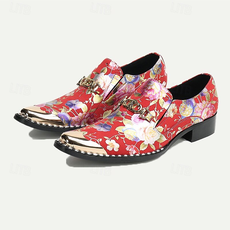 Men's Red Floral Leather Loafers with Metallic Cap Toe and Buckle Detail – Premium Cowhide Statement Shoes for Fashionable Outfits2
