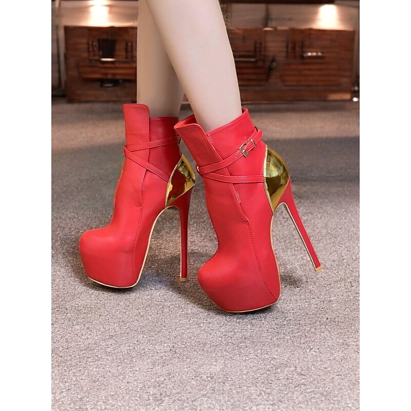 Women's Red Platform Stiletto Ankle Boots – Bold High Heel Fashion Booties with Gold Accent for Party and Evening Wear3