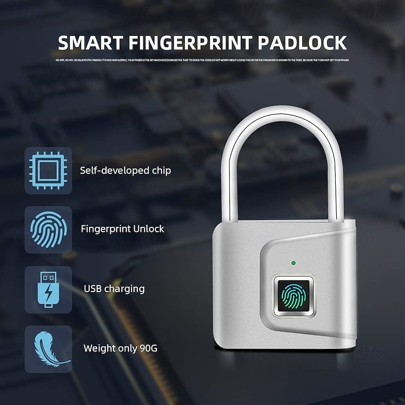 Security Door Lock Smart Keyless USB Rechargeable Fingerprint Padlock for Locker Sports School Zinc Alloy Metal
