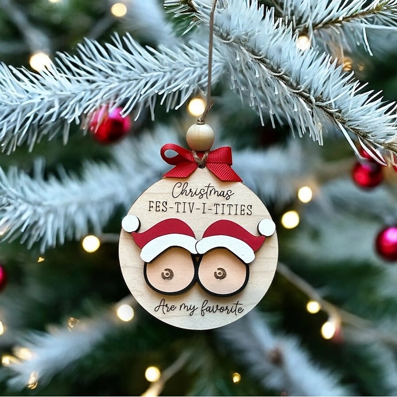 1pc Funny Adult Christmas Ornament, Wooden Cheeky Holiday Decor Hilarious Gag Gift for Tree Decoration, White Elephant Exchange, and Party Fun2