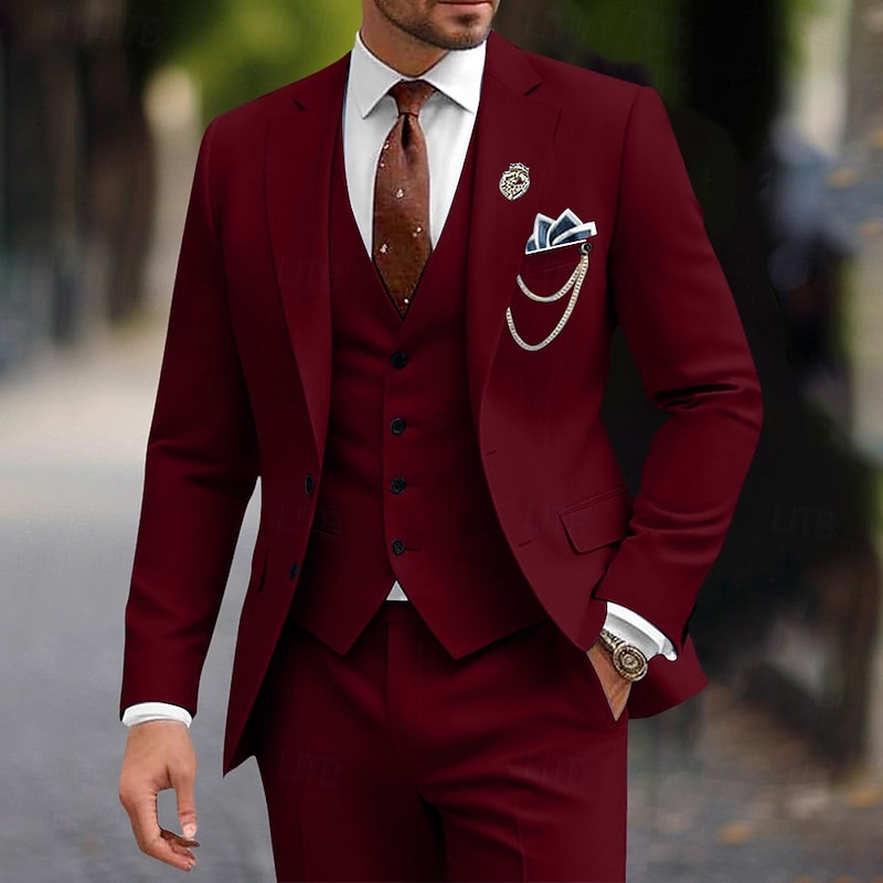 Men's Wedding Party Evening Wear Suits Black Burgundy Business Formal Solid Colored Standard Fit 3 Piece Single Breasted Two-buttons3