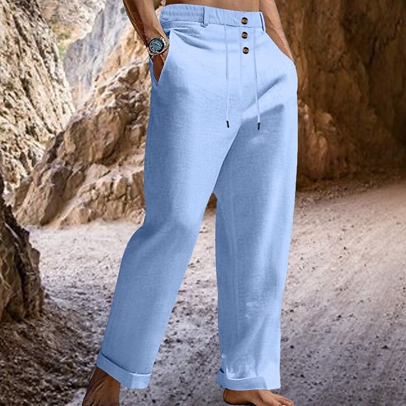 Men's Linen Pants Trousers Summer Pants Drawstring Elastic Waist Straight Leg Plain Comfort Breathable Full Length Casual Daily Holiday Fashion Retro Vintage Black White4