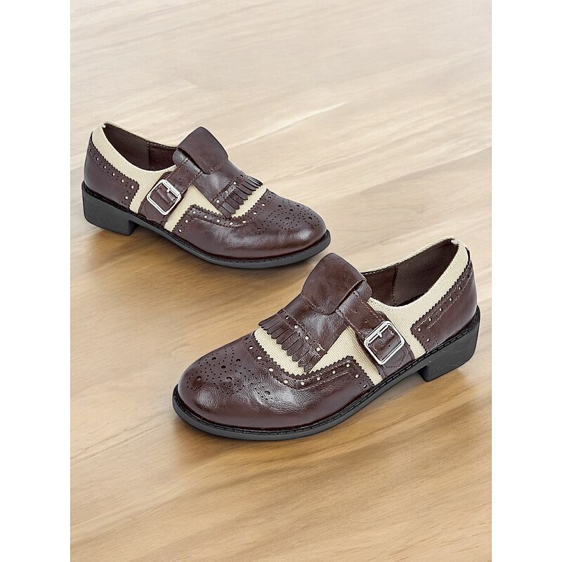 Women's Brown Brogue Oxford Shoes with Fringe, Buckle Strap, and Canvas Accents - Vintage-Style Footwear for Casual and Formal Occasions