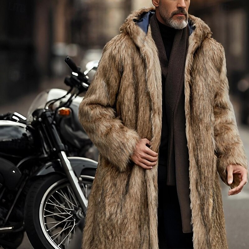 Men's Winter Jacket Fleece Jacket Faux Fur Coat Daily Vacation Thermal Warm Keep Warm Fleece Fall & Winter Plush Elegant Punk Hooded Long Black White Brown Jacket