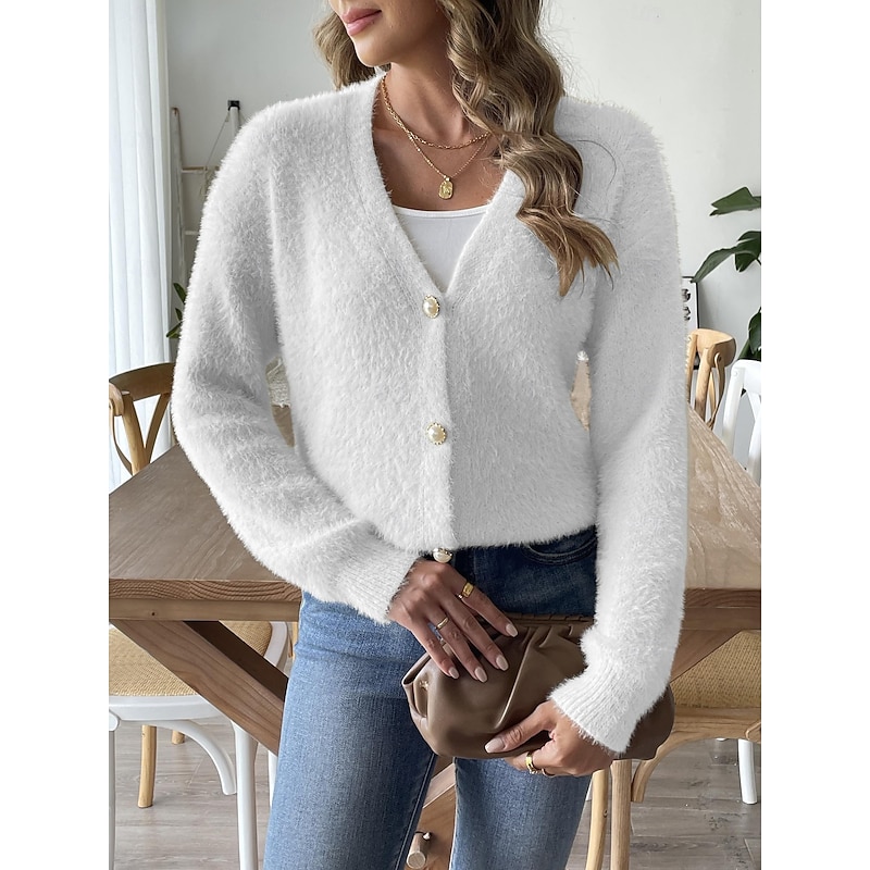 Women's Cardigan Fashion Streetwear Daily Solid Color Ribbed V Neck Knitted Long Sleeve Regular Tops Knit Outdoor Daily Black White Fall Winter3