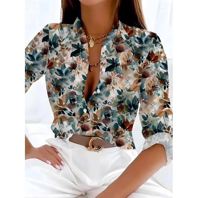 Women's Shirt Button Down Tunic Shirt Collar Long Sleeve Casual s Print Regular Tops Work Daily Green Spring Fall Winter