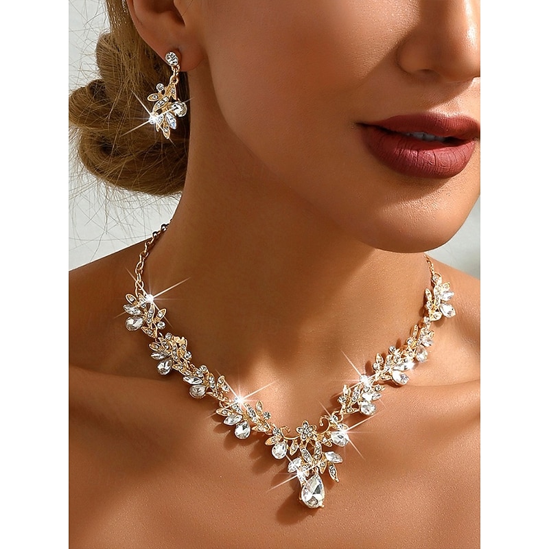 Women's Elegant Crystal Necklace and Earring Set – Sparkling Teardrop and Leaf Design for Weddings and Formal Events
