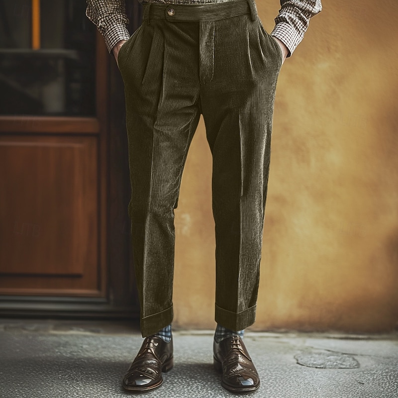 Men's Dress Pants Corduroy Pants Trousers Pleated Pants Gurkha Pants Pocket Plain Comfort Soft Full Length Party Business Daily Fashion Streetwear Light Khaki Black