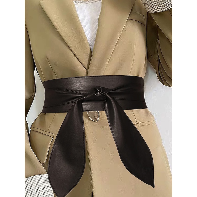 Women's Wide Red Faux Leather Obi Belt – Elegant Waist Cincher with Tie Knot Design for Dresses and Outerwear2