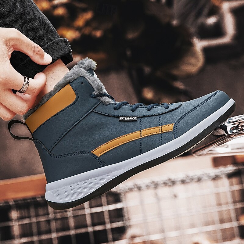 Men's Waterproof High-Top Sneakers with Warm Plush Lining – Stylish Outdoor Athletic Shoes with Yellow Accents and Durable Sole3