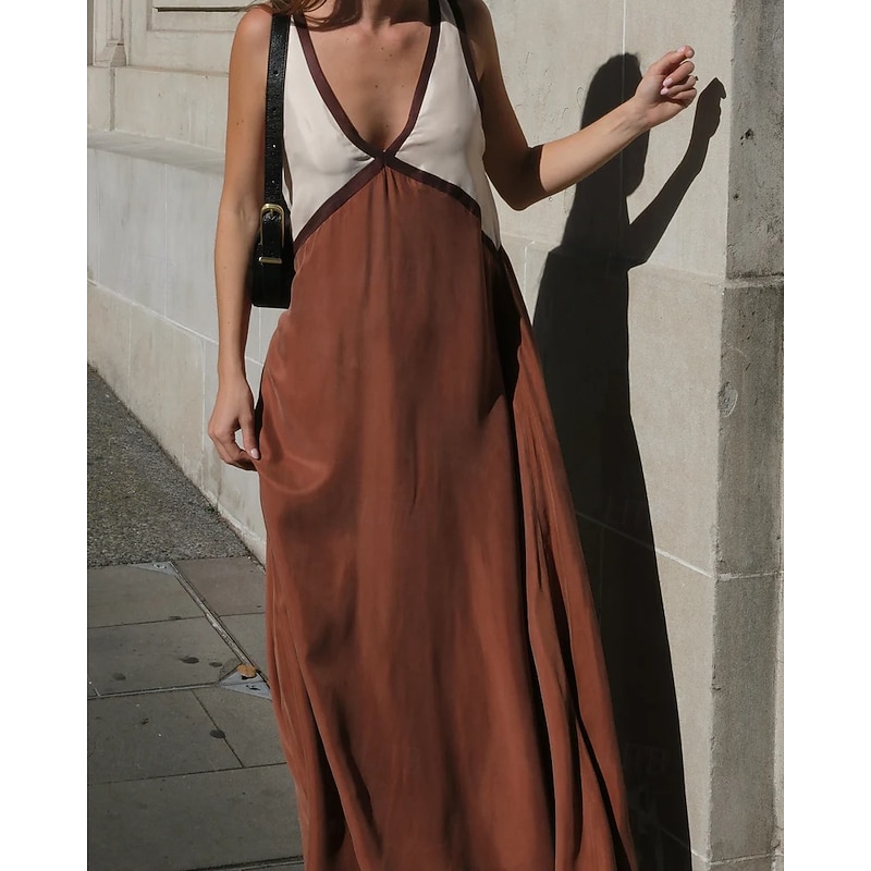 Women's Casual Dress Satin Dress Color Block Backless V Neck Midi Dress Stylish Casual Party Date Summer Spring4