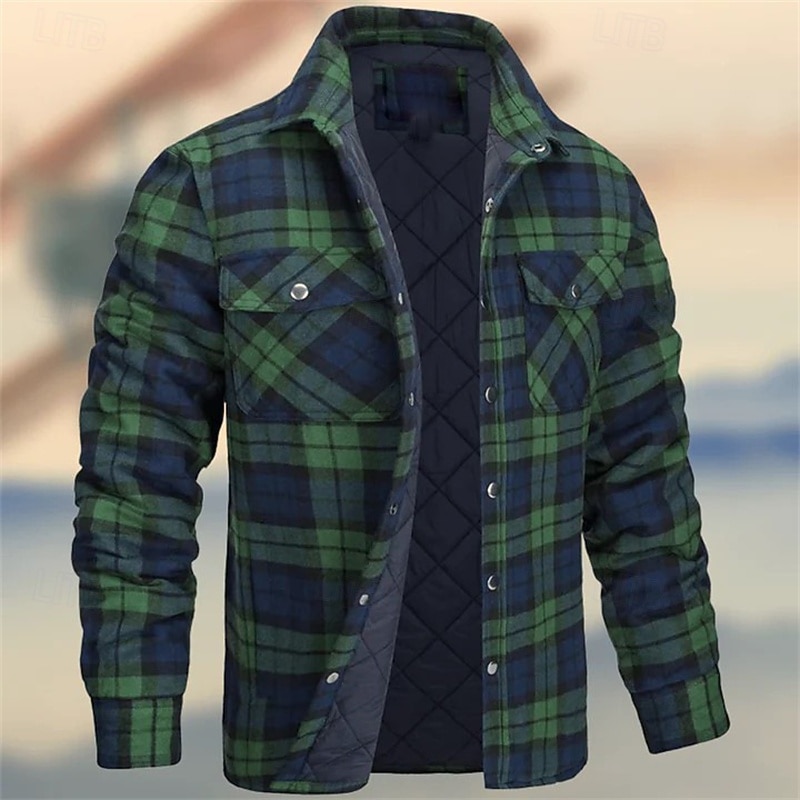 Men's Winter Jacket Padded Shacket Daily Vacation Thermal Warm Wearproof Pocket Fall & Winter Plaid Fashion Classic Lapel Regular Black Wine Navy Blue Sky Blue Orange Jacket3