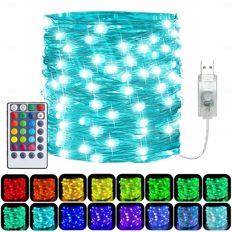 LED String Lights USB Powered 5M-50Leds/10M-100Leds/12M-120Leds Multi coloured Fairy Lights Colour Changing,4 Modes Waterproof Copper Wire Lights with Remote Timer for Indoor Garden Party