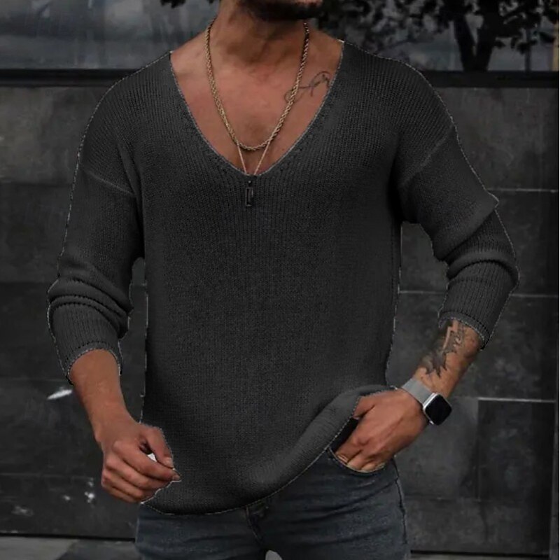 Men's Pullover Sweater Jumper Knit Sweater Ribbed Cable Knit Knit Regular Tops Knitted Plain V Neck Fashion Basic Vacation Daily Wear Clothing Apparel Fall & Winter Black White S M L2