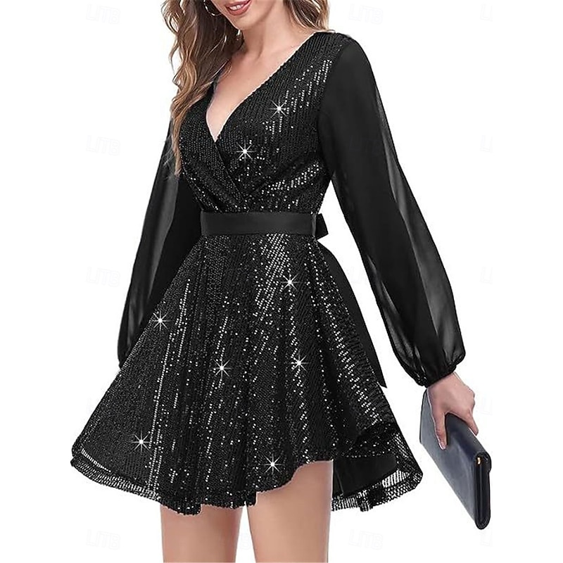 Women's Mini Dress Black Dress Sequin Dress Casual Dress Blazer Dress Casual Party Street Evening Party Regular Fit Plain Long Sleeve V Neck Black Fall Winter2