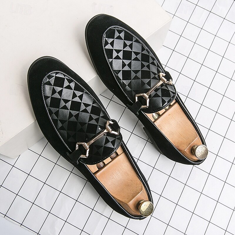 Men's Black Faux Suede Loafers with Geometric Pattern and Metal Buckle – Stylish Slip-On Dress Shoes for Formal Events and Parties3