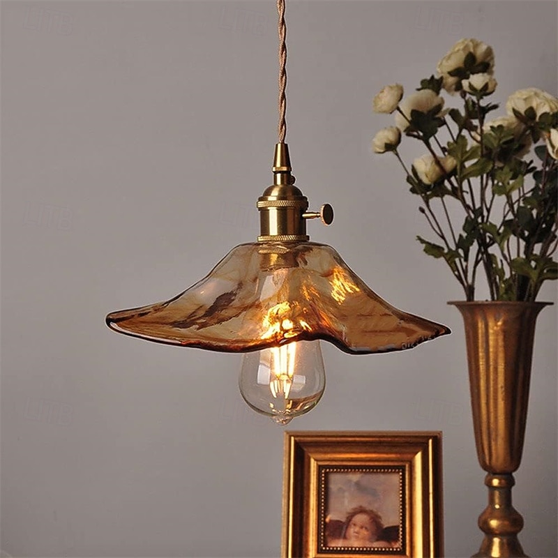 Retro Pendant Light 1-Light Adjustable Ceiling Balcony Chandelier Hanging Lamp Transparent Glass Ceiling Light with Glass Shade 110-240V