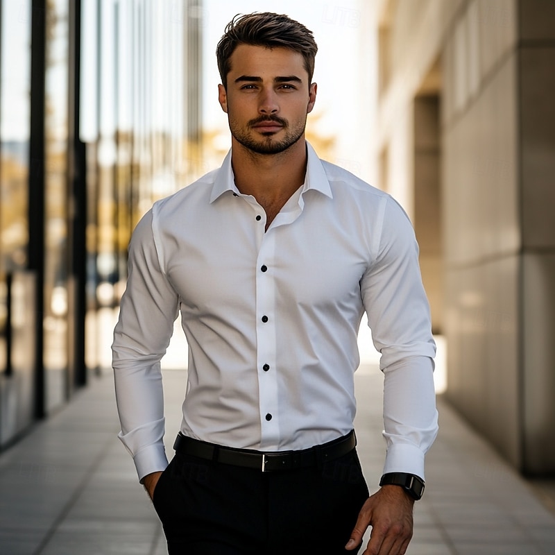 Men's Daily Dress Casual Shirt Homecoming Standard Fit Long Sleeve Lapel Summer Solid Color Polyester Black White Grey 20253