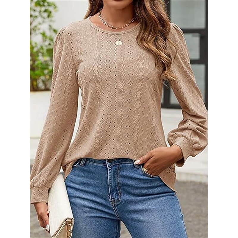 Women's Shirt Blouse Solid Color Basic Casual Long Sleeve Crew Neck Regular Tops Daily Eyelet Pink Green Khaki Fall Winter4