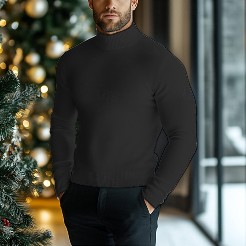 Men's Pullover Sweater Jumper Knit Sweater Ribbed Knit Regular Knitted Plain Turtleneck Fashion Casual Daily Wear Date Clothing Apparel Fall & Winter Black White S M L3