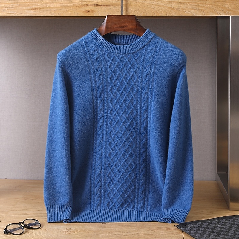 Men's 100% Merino Wool Jacquard Sweater Knit Jacquard Solid Color Crew Neck Knitwear Elegant Christmas Christmas Gifts Clothing Apparel Fall Winter Navy Blue Royal Blue S M L3