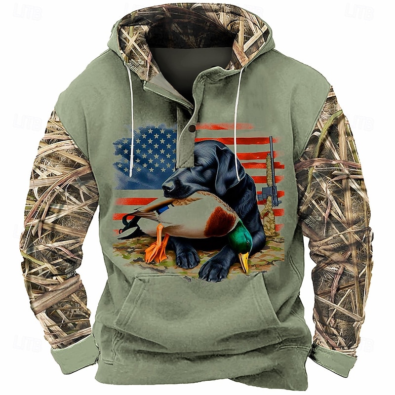 Men's Dog American US Flag Duck Hoodie Sweatshirt Cowboy Casual Long Sleeve Hooded Sports Outdoor Streetwear Light Brown Brown Pocket 3D Print Fall Winter Designer4