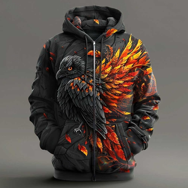 Men's Crow Hoodies Fashion Cool Long Sleeve Crew Neck Vacation Going out Streetwear Black Drawstring Zipper Fall Winter Designer